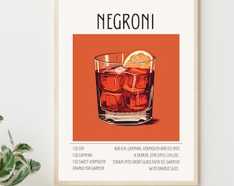 Negroni Cocktail Art Print Negroni Recipe Retro Cocktail Print Negroni Poster Cocktail Poster Cocktail Posters Retro cocktail Posters