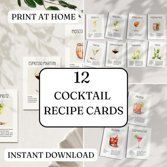 Cocktail Recipe Card Bundle 12 Cocktail Recipe Cards 5x7 Inch Home