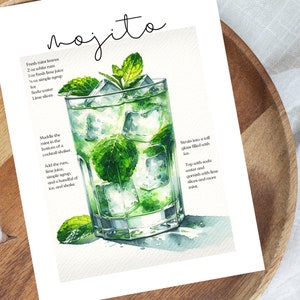 Mojito Recipe Card Mojito Card Mojito Print Cocktail Recipe Print Cocktail Recipes Cocktail Recipe Bar Cart Printable Bar Decor
