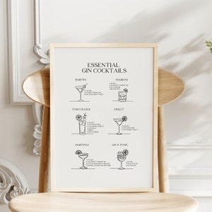 Cocktail Wall Art Gin Cocktails Gin Art Cocktail Print Bar Cart Decor Keuken Wall Art Minimalistisch Zwart en Wit