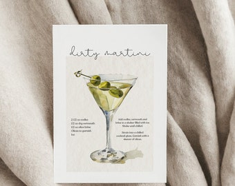Dirty Martini Print Dirty Martini Recipe Card Martini Card Cocktail Recipes Cocktail Recipe Bar Cart Digital Download Printable