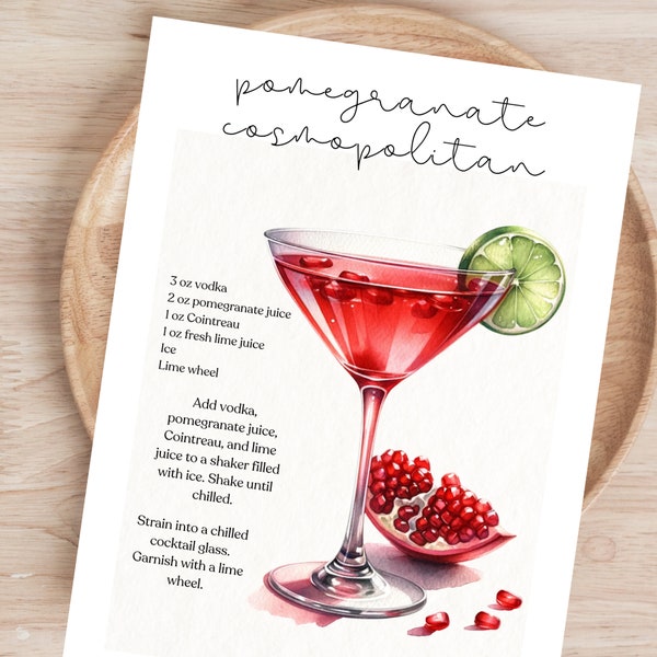 Printable Bar Decor Pomegranate Cosmopolitan Recipe Pomegranate Cosmo Print Cocktail Recipes Cocktail Recipe Bar Cart Digital Download