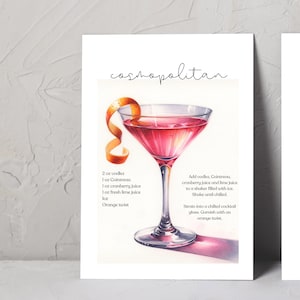 Receta Cosmopolitan Tarjeta Cosmopolitan Cosmo Imprimir Recetas de Cócteles Receta de Cócteles Carro de Bar Descarga Digital Decoración de Bar Imprimible