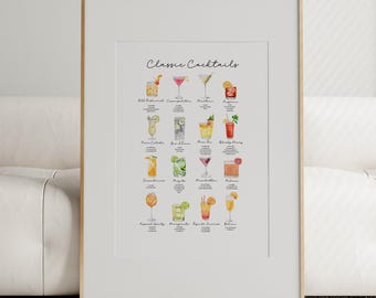 May include: A printable poster with watercolor illustrations of classic cocktails. The poster features the names of each cocktail, such as "Old Fashioned", "Cosmopolitan", "Margarita", and "Bloody Mary".
