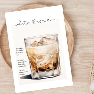 Carta cocktail russo bianco Carta ricetta stampabile Carta ricetta cocktail Stampa Carta ricetta cocktail Stampa digitale cocktail Bar Decor