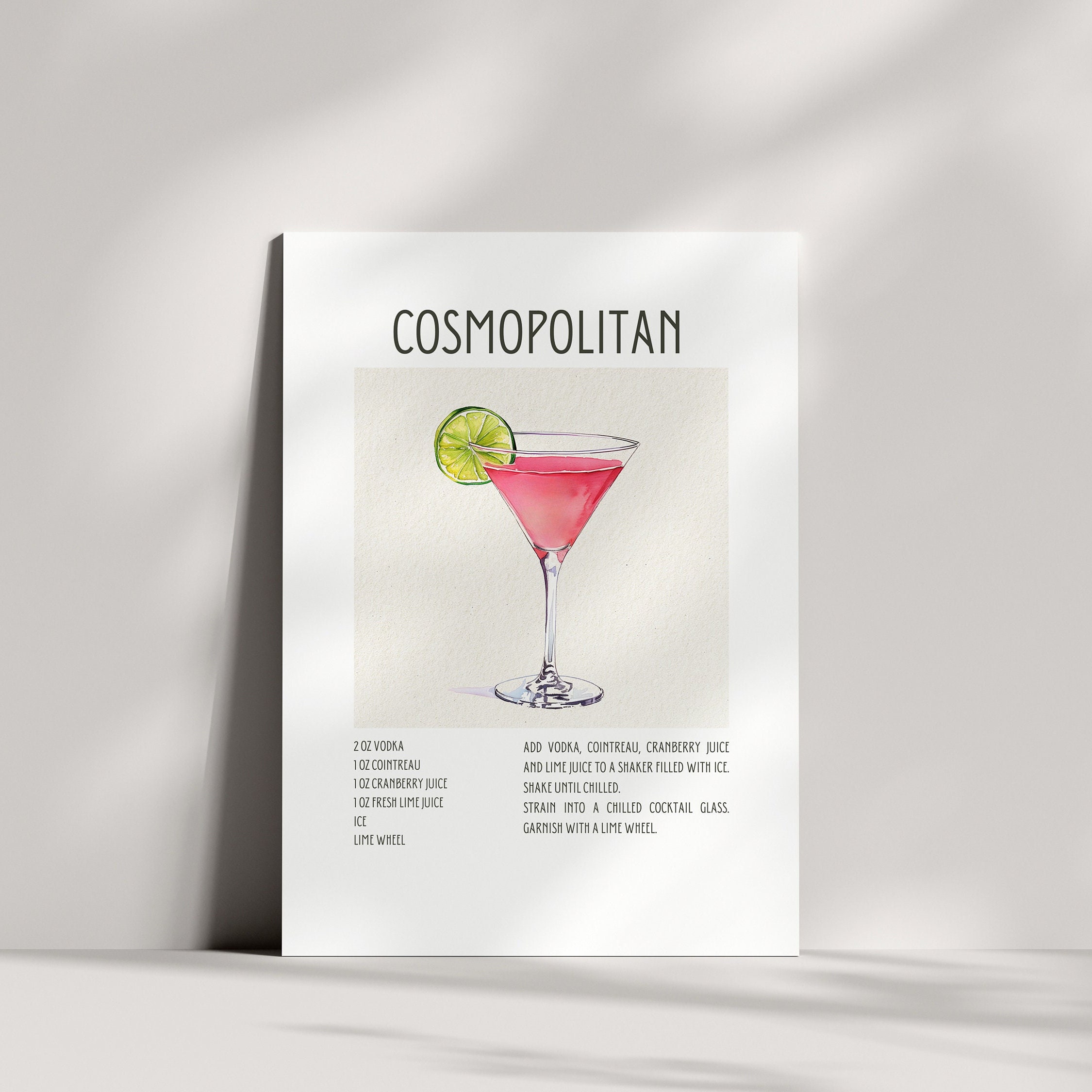 Cosmopolitan Recipe Card Print Cosmopolitan Card Cosmo Print