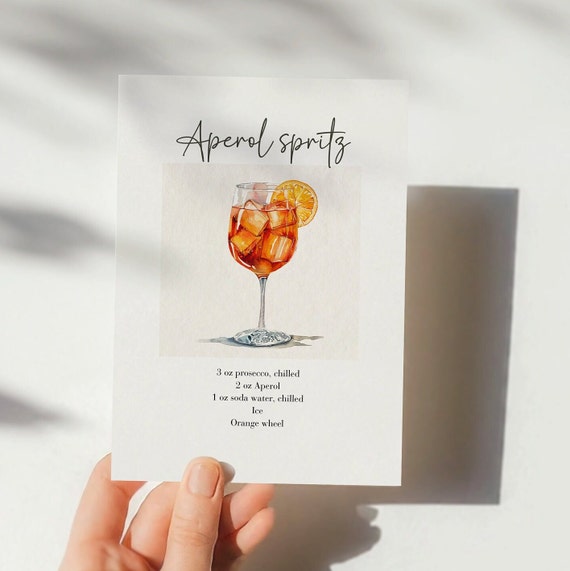 Aperol Spritz Bar Menu Sign Bridal Shower Poster Decor Cocktail Sign Aperol Spritz Cocktail Print Aperol Print Recipe Card
