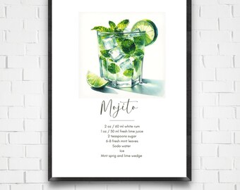 Cocktail Rezept Druck Mojito Cocktail Poster Cocktail Druck Cocktail Poster Cocktail Wand Kunst Cocktail Poster Druck für Hausbar