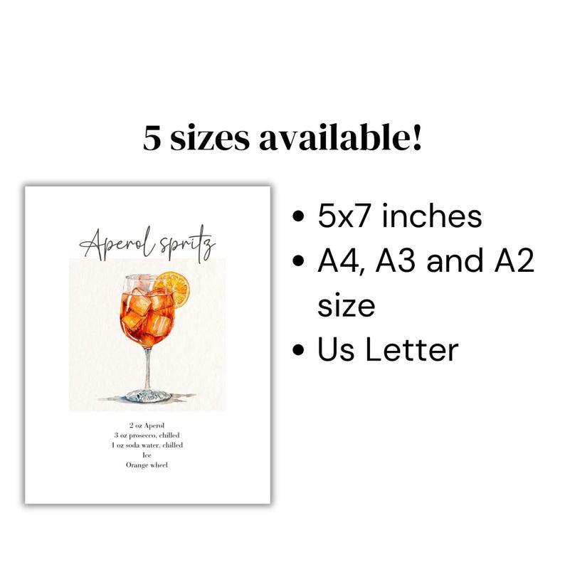 Pode incluir: Uma impress&atilde;o retangular com uma ilustra&ccedil;&atilde;o em aquarela de um Aperol Spritz em uma ta&ccedil;a com uma fatia de laranja. O texto diz Aperol Spritz e lista ingredientes. O texto 5 sizes available! lista 5x7 polegadas, A4, A3, A2 e US Letter.
