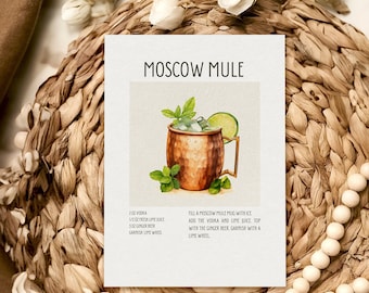 Tarjeta de receta de cóctel de mula de Moscú Tarjeta de mula de Moscú Descarga instantánea Tarjeta de receta imprimible Arte de cóctel Arte de mula de Moscú