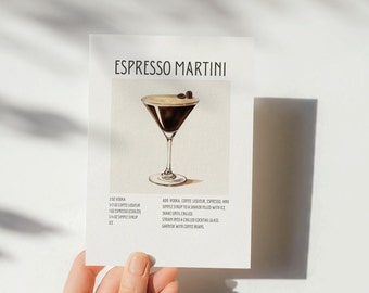 May include: A recipe card for an Espresso Martini cocktail. The card features a watercolor illustration of the cocktail in a martini glass, garnished with coffee beans. The recipe includes 2 oz vodka, 1/2 oz coffee liqueur, 1 oz espresso, and 1/4 oz simple syrup.