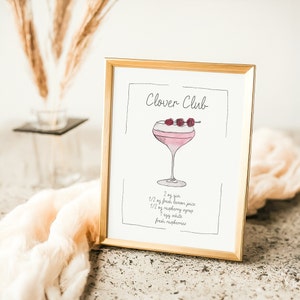 Clover Club Cocktail Print Handgemalte Drink Illustration Himbeer Sour Cocktail Rezeptkarte Druckbare Rezeptkarte Cocktail Art