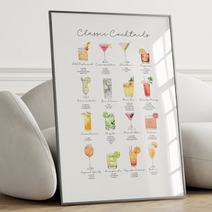 Cócteles clásicos Receta Impresión Cóctel Cartel Cóctel Arte Bebida Bar Cartel Cóctel Regalo Cóctel Cómo Cóctel Arte de la pared