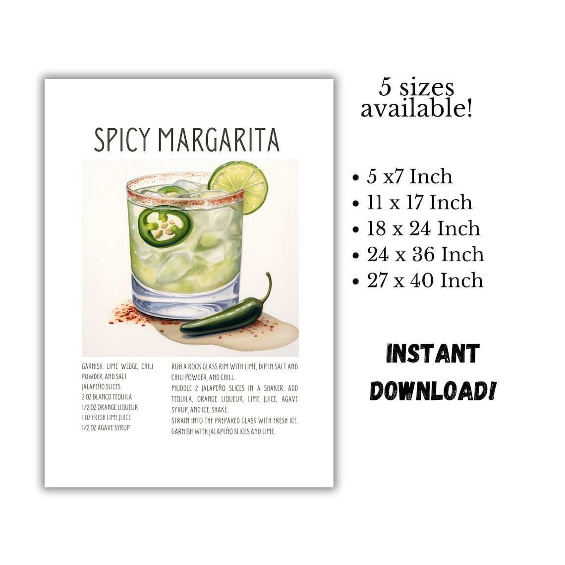 Spicy Margarita Sign Cocktail Recipe Card Spicy Marg Instant Download Printable Recipe Card ...