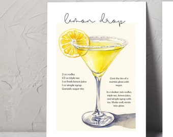 Lemon Drop Recipe Lemon Drop Martini Card Cocktail Recipes Cocktail Recipe Bar Cart Digital Download Printable