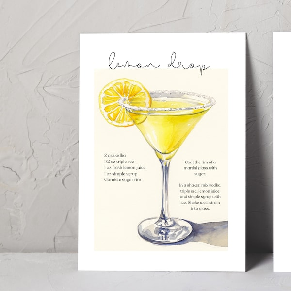 Lemon Drop Recipe Lemon Drop Martini Card Cocktail Recipes Cocktail Recipe Bar Cart Digital Download Printable