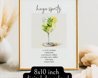 May include: A framed print featuring a watercolor illustration of a Hugo Spritz cocktail. The image includes the drink's ingredients and the text "hugo spritz." The frame is gold, and the print is labeled as an 8x10 inch digital download.