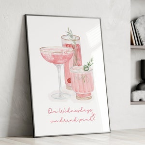 Roze cocktailprint Roze barwagenprint cocktailkunst handgetekende cocktailkunst afdrukbare cocktailmuurkunst barwagen decor girly kunstafdruk