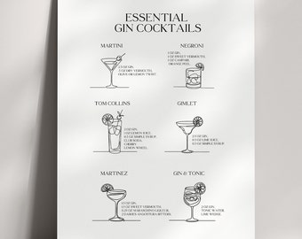 Gin Cocktail Print Bar Cart Art Print Kitchen Wall Decor Trendy Modern Bar Art Cocktail Alcohol Drink Poster Digital