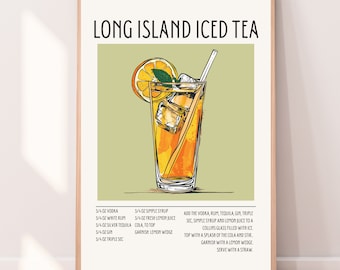 Klassische Cocktails Long Island Eistee Druck Long Island Eistee Cocktail Wandkunst Barwagen Kunst Alkohol Drucke Retro Cocktails zum ausdrucken