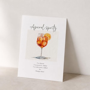 Pode incluir: Uma impress&atilde;o retangular branca com uma ilustra&ccedil;&atilde;o em aguarela de um Aperol Spritz num copo com p&eacute;, gelo e uma fatia de laranja. O texto diz Aperol Spritz, 2 oz Aperol, 3 oz prosecco, 1 oz &aacute;gua com g&aacute;s, gelo, fatia de laranja.