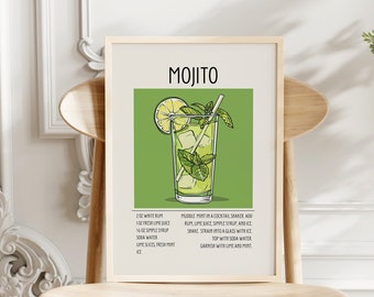 May include: A printable recipe card for a Mojito cocktail. The card features a green background with a hand-drawn illustration of a glass of Mojito with a lime wedge, mint leaves, and a straw. The recipe is listed below the illustration with the ingredients and instructions.