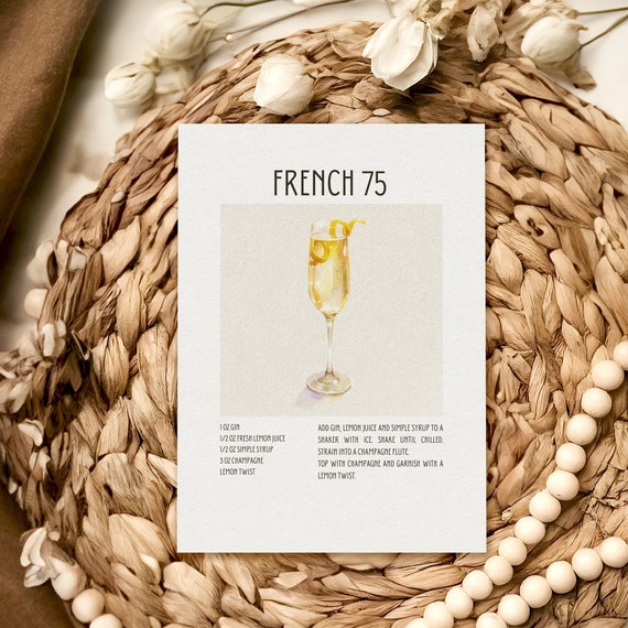 French 75 Cocktail Recipe Printable Drink Illustration Cocktail