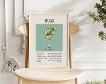 May include: A framed print featuring a Hugo cocktail recipe. The illustration shows a wine glass filled with a light-colored drink, garnished with mint and a lime wheel. The recipe includes St-Germain, prosecco, soda water, and mint sprig. The word "HUGO" is at the top.
