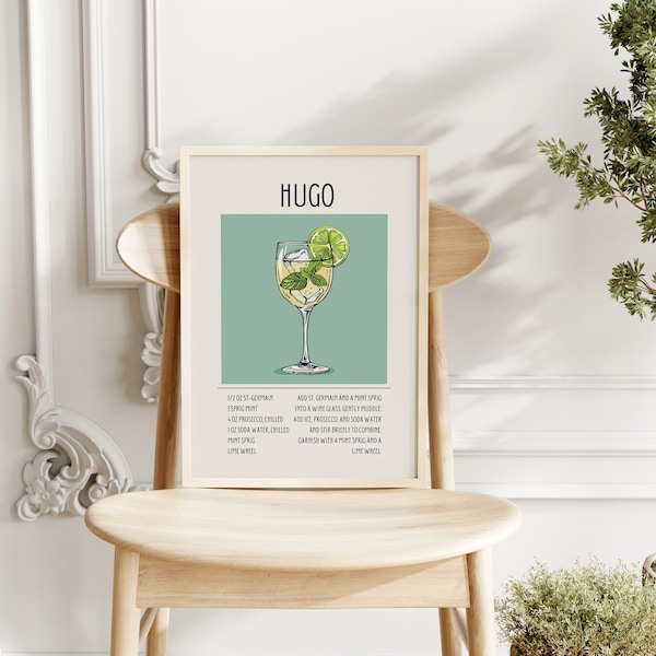 Retro Hugo Cocktail Print Hugo Spritz Cocktail Poster Hugo Cocktail Wall Art Home Bar Cart Decor Retro Cocktails Instant Download