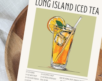 May include: A recipe for Long Island Iced Tea with a colorful illustration of the drink in a tall glass with ice, a lemon wedge, and a straw. The recipe lists the ingredients and instructions for making the cocktail.