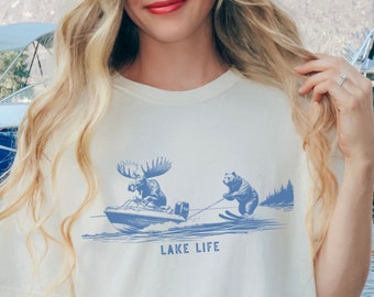 Lake Life Comfort Colors Shirt: Moose Boating, Bear Waterskiing, Summer Lake Adventures