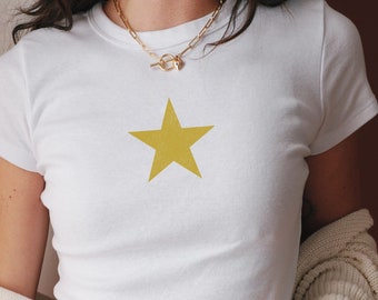Gold Star Baby Tee: Y2K Downtown Girl Cotton Shirt