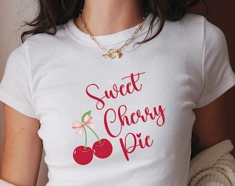 Sweet Cherry Pie Coquette Baby Tee Cherries with Bows Graphic Tee y2k Trendy T-Shirt Coquette Aesthetic Clothes Cherries Baby Tee Pink Bow