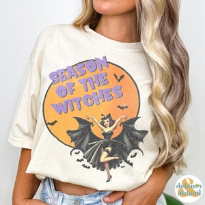 Season of the Witches Shirt Vintage Bat Girl Halloween Shirt Cute Retro Horror Social Club Tee Fall Party Trendy Spooky Clothing