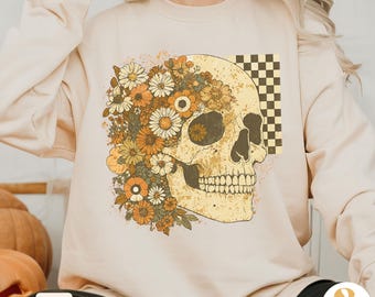 Floral Skull Sweatshirt: Vintage Halloween Skeleton Shirt