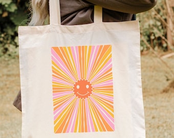 Retro Smiley Burst Canvas Tote Bag - 100% Cotton