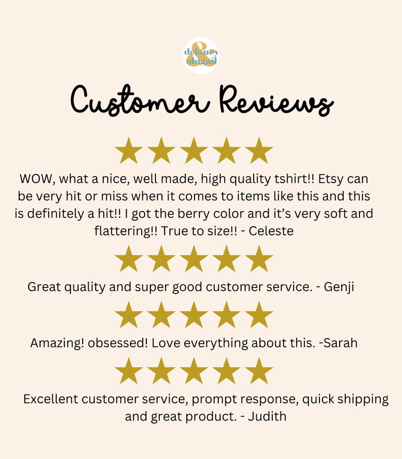 May include: A cream-colored graphic with the text "Customer Reviews" in a handwritten font. Below are customer testimonials with five-star ratings. The reviews praise the quality, service, and product.
