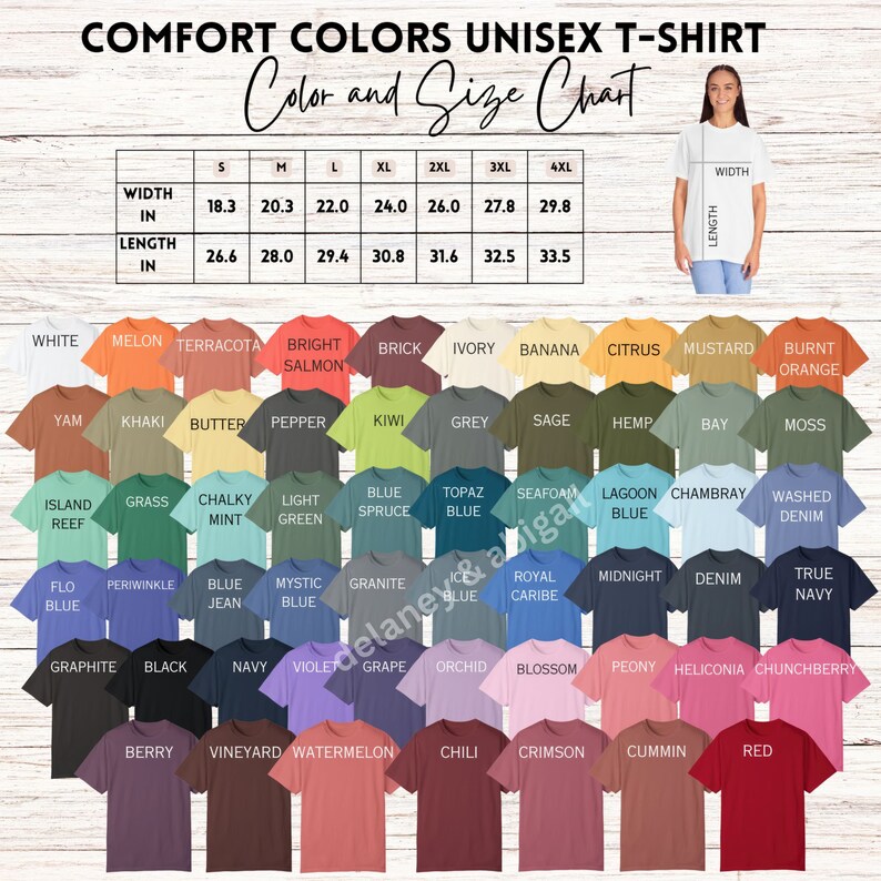 May include: A Comfort Colors unisex t-shirt color and size chart. The chart displays a variety of t-shirt colors, including white, melon, and red. The size chart shows the width and length in inches for sizes S through 4XL.
