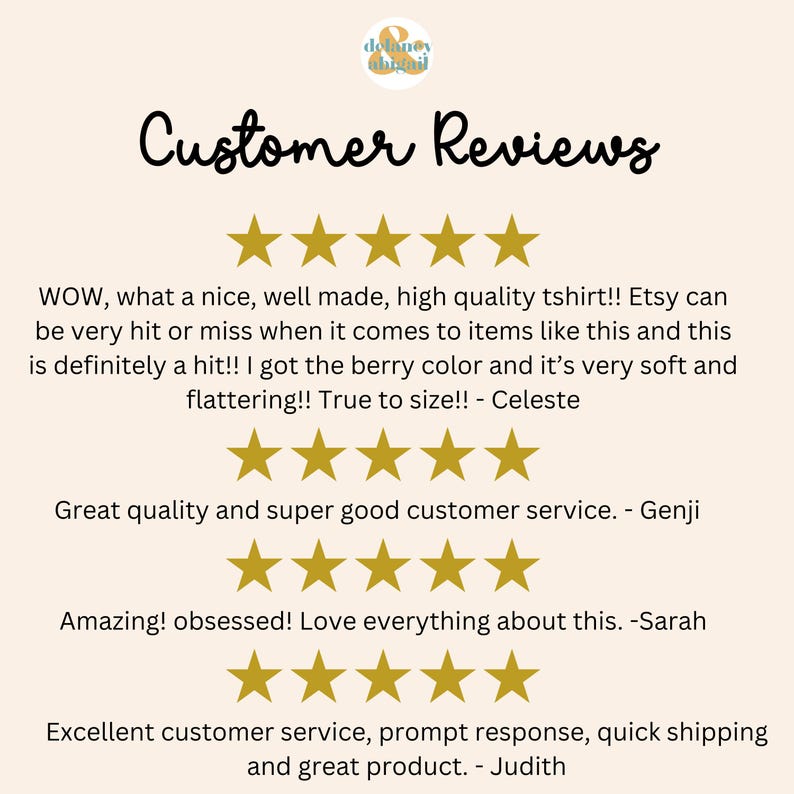 May include: Customer reviews for a t-shirt with five-star ratings. The reviews highlight the quality, fit, and customer service. "WOW, what a nice, well made, high quality tshirt!! Etsy can be very hit or miss when it comes to items like this and this is definitely a hit!! I got the berry color and it's very soft and flattering!! True to size!! - Celeste"  "Great quality and super good customer service. - Genji"  "Amazing! obsessed! Love everything about this. -Sarah"  "Excellent customer service, prompt response, quick shipping and great product. - Judith"