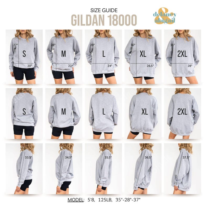 Pu&ograve; includere: Tabella delle taglie per le felpe Gildan 18000, che mostra le misure in pollici per le taglie S, M, L, XL e 2XL. La tabella include le misure della larghezza della felpa, della lunghezza della felpa e della lunghezza della manica. Un modello indossa la felpa in ogni taglia.