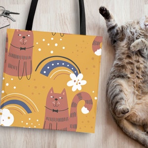 Brown Cat Rainbow Tote Bag (AOP), Black Cotton Handles, Large Tote