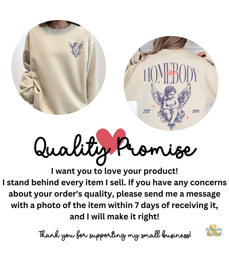 May include: Cream-colored sweatshirt featuring a cherub design on the front and back. The back design includes the word "HOMEBODY" above the cherub, with "EST 1999" below. The front has a smaller cherub graphic.