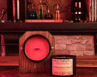 Philosopher's Stone | Dragon's Blood, Amber, & Leather | 100% Soy Wax Candle | Wooden Wick | 8 oz. | Fantasy Themed | Hoosier Handcrafted