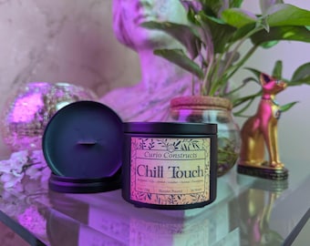 Chill Touch | Bergamot, Lily, Leather, and Incense | 100% Soy Wax Candle | Wooden Wick | 8 oz. | Fantasy Themed | D&D | Hoosier Handcrafted