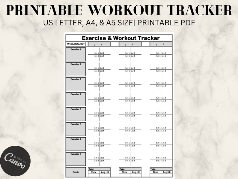 Workout Tracker Printable, 4 Sets, Daily Exercise Log, Gym Training Log ...