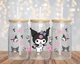 Cute Kuromi Glass Can 16oz, Kuromi Cup, Sanrio Glass Cup