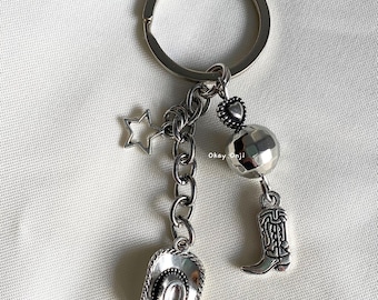 Disco Cowgirl Keychain, Cowboy Keychain with Boots, Stars, Hat and Disco Ball Charms, Bachelorette Favors, Let's Go Girls Keychain Accessory