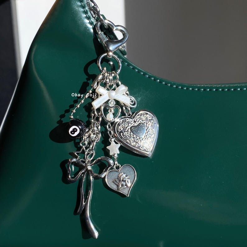 Silver Stainless Steel Heart Locket Keychain, 8 Ball Keychain, Y2K Clutter Bag Charm with Cupid/Cherub, Stars, Coquette Bow Charms, Heart Clasp Keychain Accessory