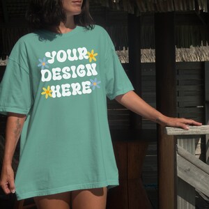 Island Reef Comfort Colors 1717 Tshirt Mockup, Front design, Female Model Comfort Colors Mocks, Model Mock, Island Reef Shirt, Summer mocks.