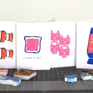 Greeting cards pack of 4 mini size | linocut print handmade birthday cards blank inside | A7 cards for friends, thank you, congratulations